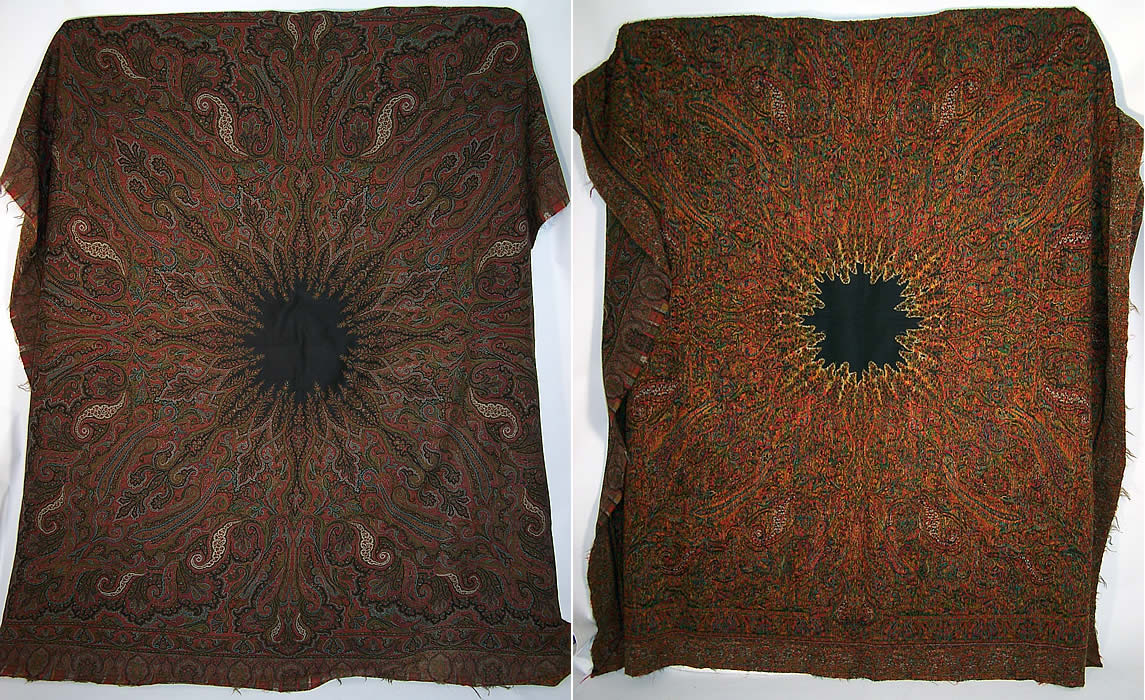 Victorian Antique Jacquard Hand Loom Wool Black Star Center Paisley Shawl front & back
