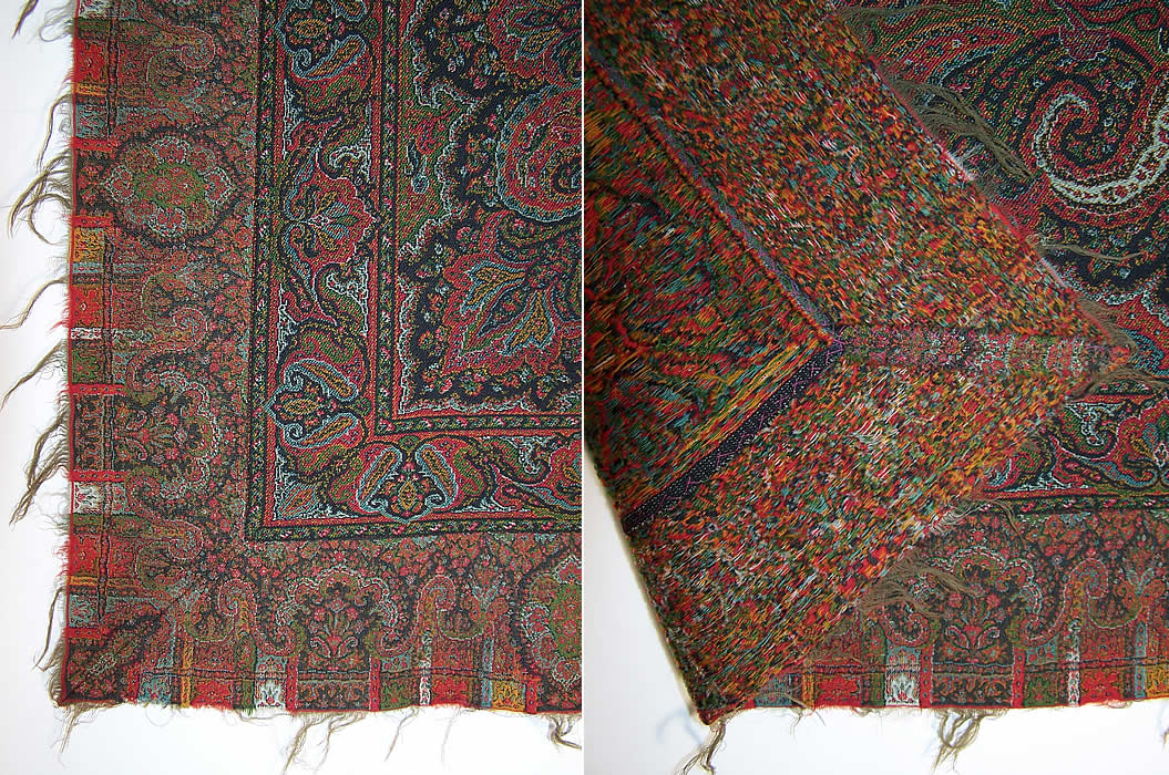 Victorian Antique Jacquard Hand Loom Wool Black Star Center Paisley Shawl the edge front & back