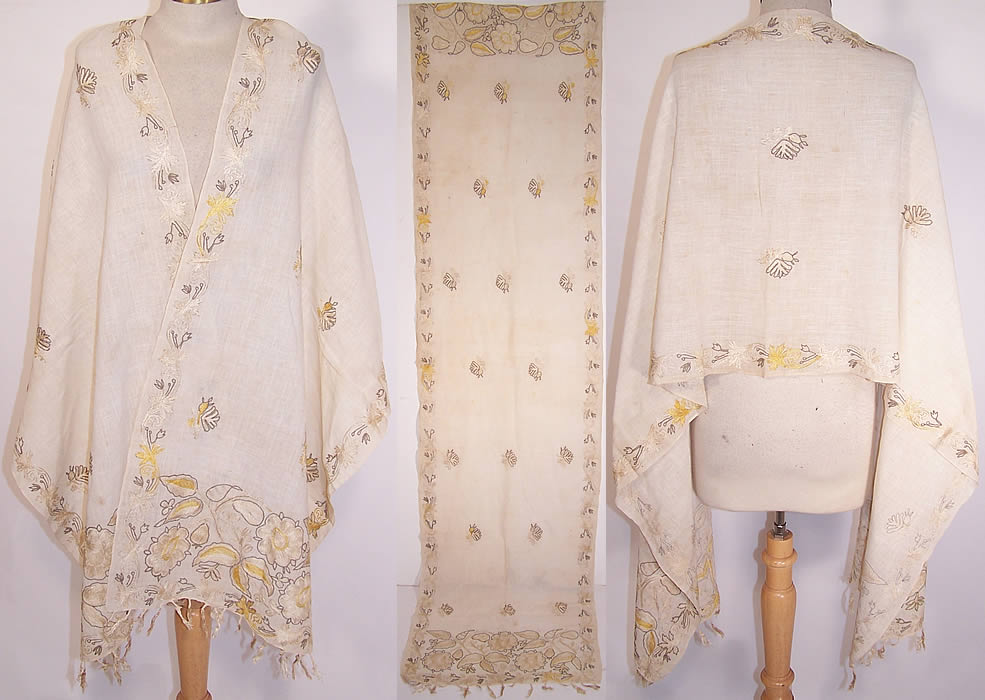 Ottoman Turkish Crewel Chain Stitch Embroidered Linen Shawl Scarf Sash Towel