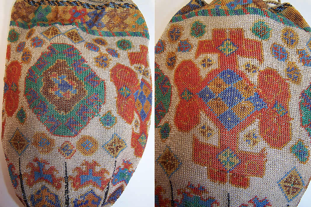 Art Deco Antique Beaded Oriental Rug Design Drawstring Flapper Bag Purse