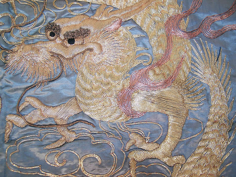 Antique Chinese Dragon Gold Couching Embroidery Stumpwork Silk Tapestry more close up