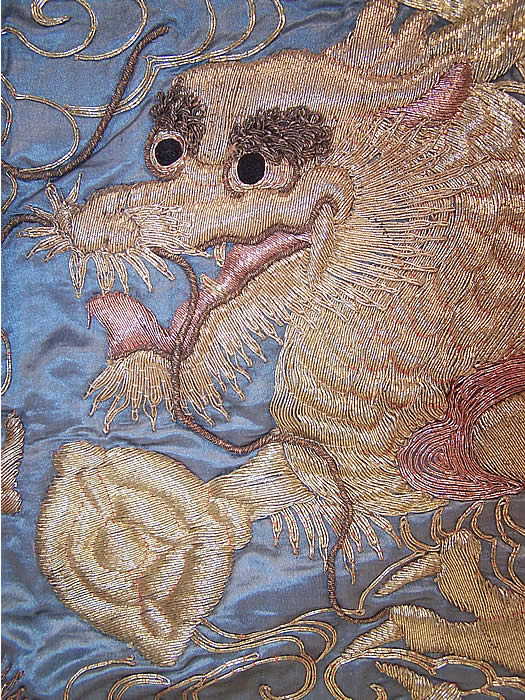Antique Chinese Dragon Gold Couching Embroidery Stumpwork Silk Tapestry even more close up