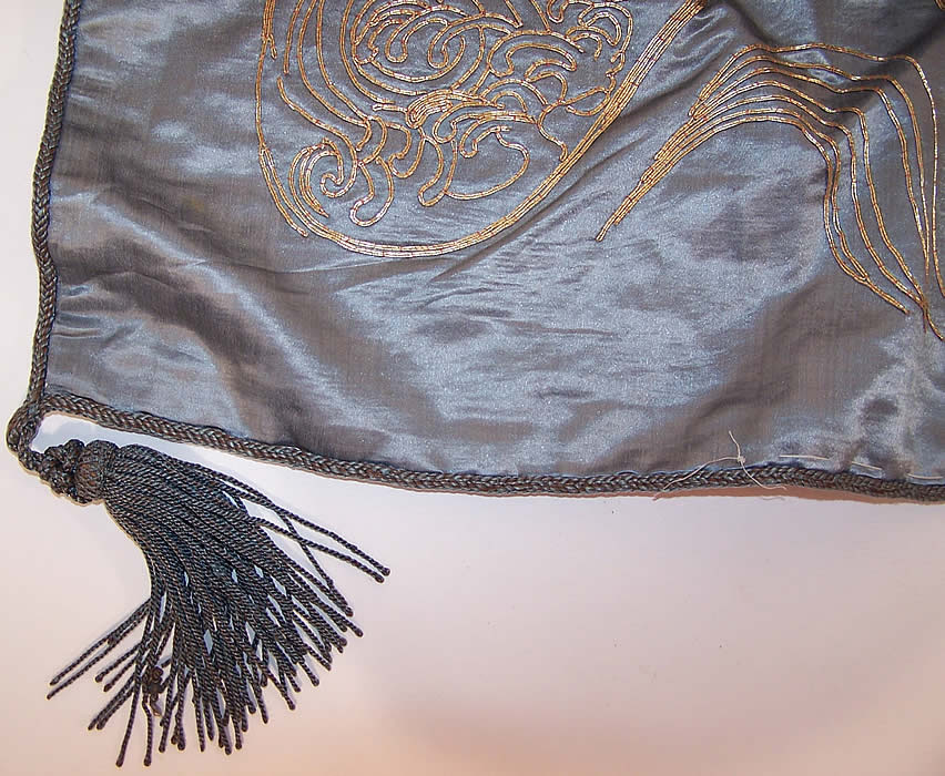 Antique Chinese Dragon Gold Couching Embroidery Stumpwork Silk Tapestry tassel close up.