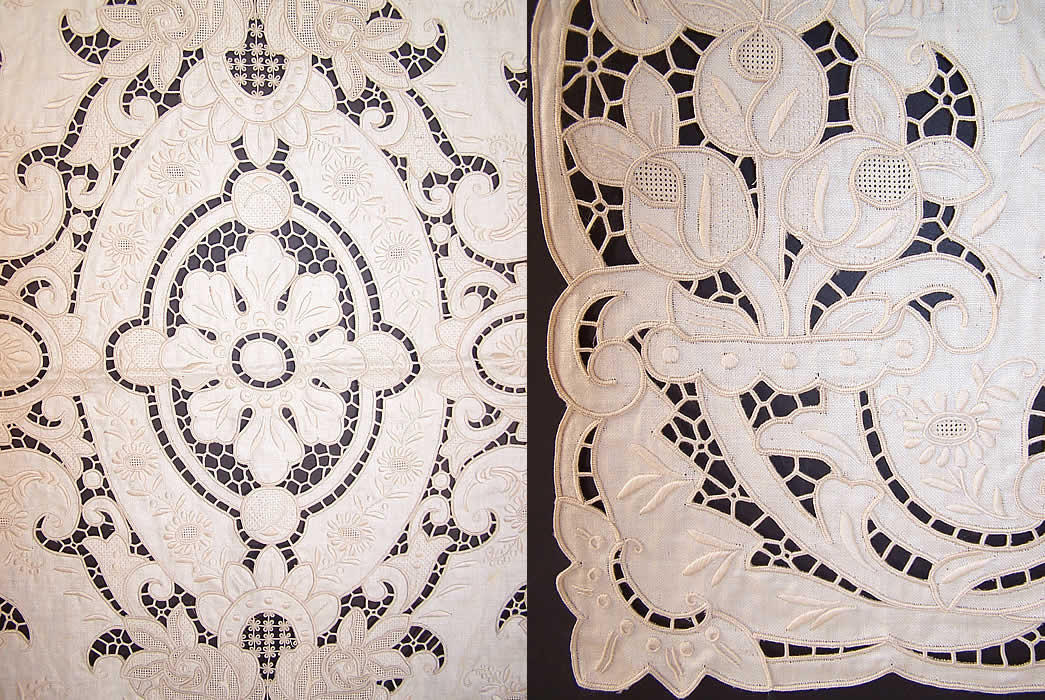 Vintage Madeira Embroidered Linen Lace Cutwork Runner & Placemat Set 2 views