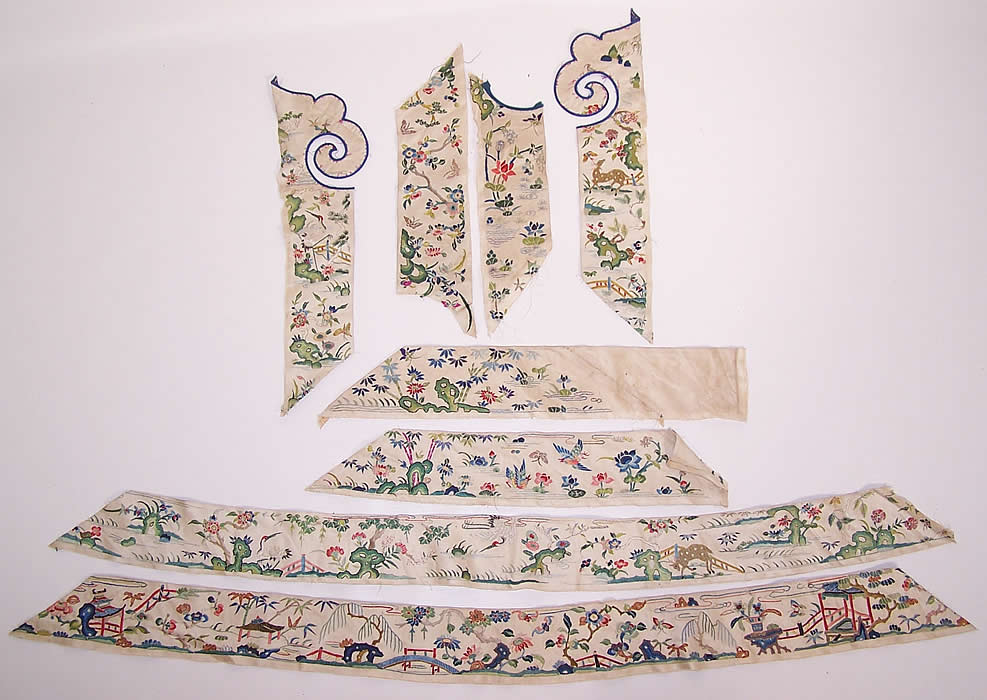 Antique Chinese Crane Bird Butterfly Deer Silk Embroidered Robe Trim