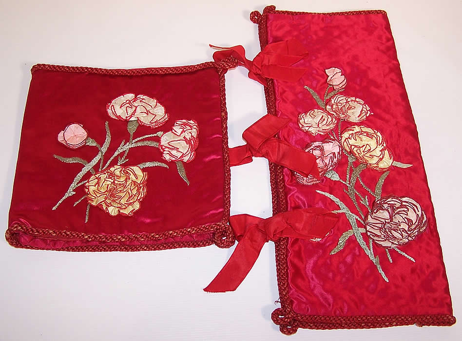 Victorian Red Silk Ribbon Rosette Carnation Lingerie Stocking Glove Hankie Holder Pair