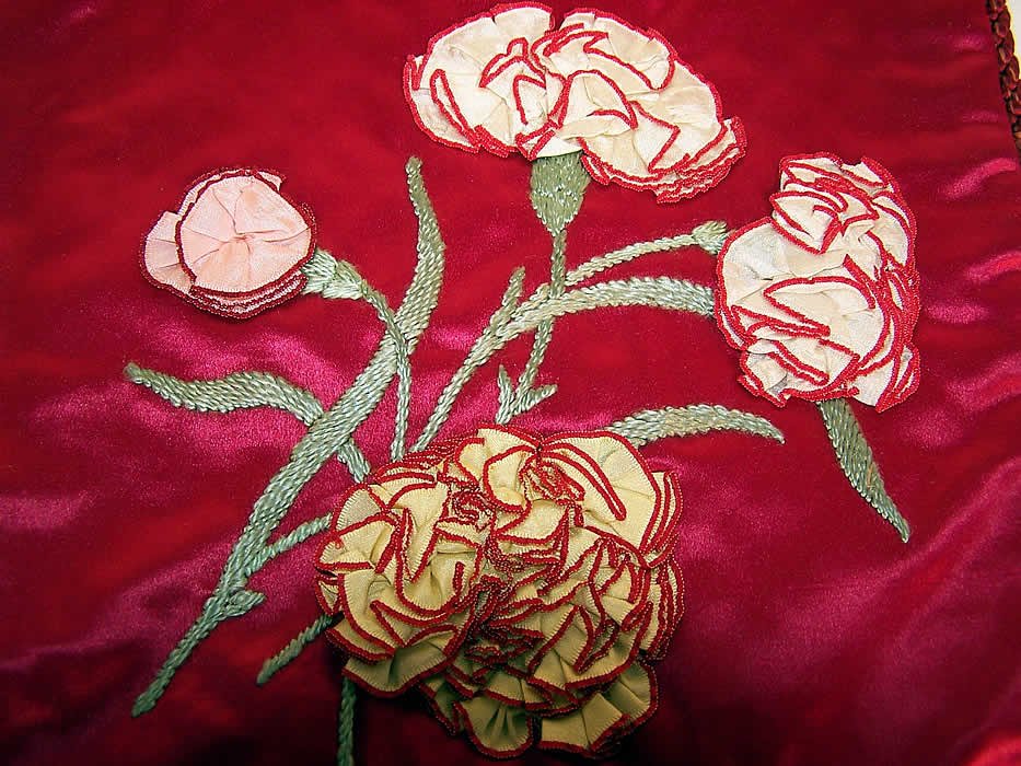 Victorian Red Silk Ribbon Rosette Carnation Lingerie Stocking Glove Hankie Holder close up