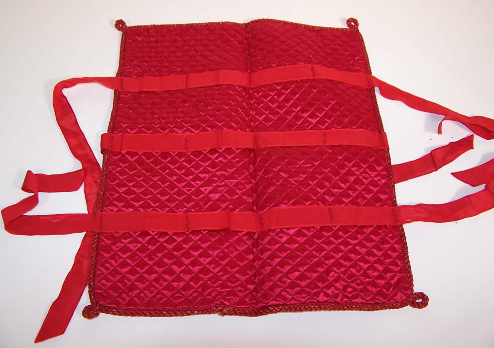Victorian Red Silk Ribbon Rosette Carnation Lingerie Stocking Glove Hankie Holder inside