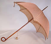 Edwardian Ecru Linen Red Silk Stripe Carved Wood Handle Summer Parasol