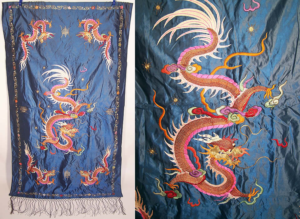 Antique Chinese Dragon Xi Gold Couching Embroidery Silk Tapestry Wall Hanging