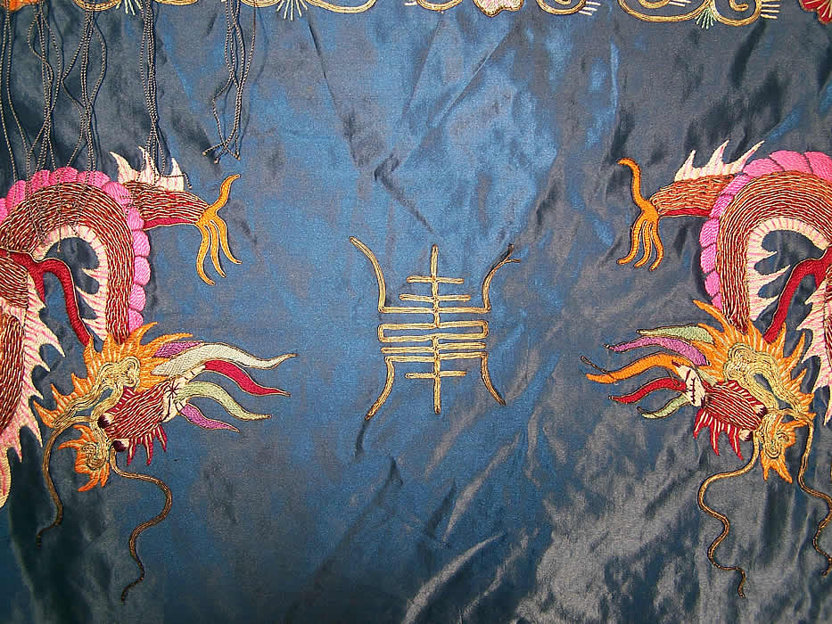 Antique Chinese Dragon Xi Gold Couching Embroidery Silk Tapestry Wall Hanging