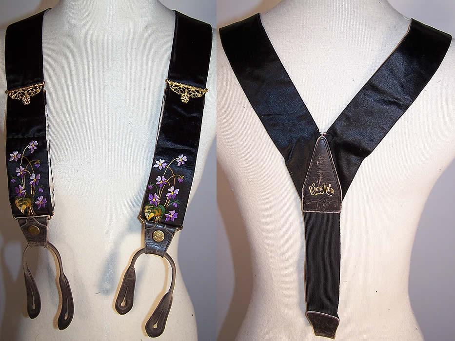 Victorian Crown Make Violet Embroidered Mourning Braces Suspenders 