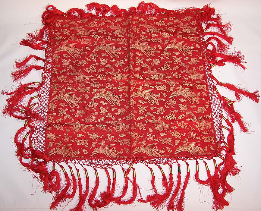 Antique Chinese Dragon Pheasant Red Gold Silk Brocade Tassel Tapestry Tablecloth