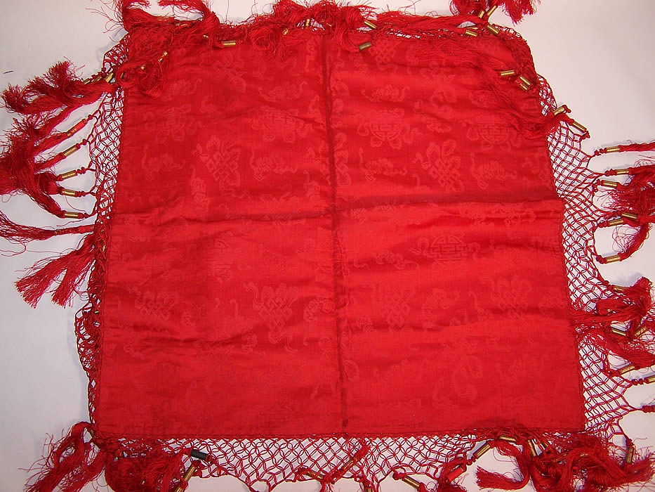 Antique Chinese Dragon Pheasant Red Gold Silk Brocade Tassel Tapestry Tablecloth