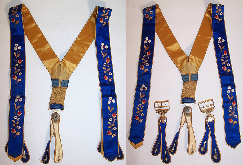 Victorian Walker's Blue & Gold Silk Embroidered Braces Suspenders 