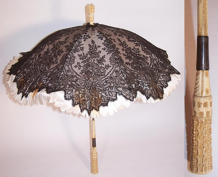 Victorian Antique Black Chantilly Lace Carved Masonic Eye of God Handle Parasol
