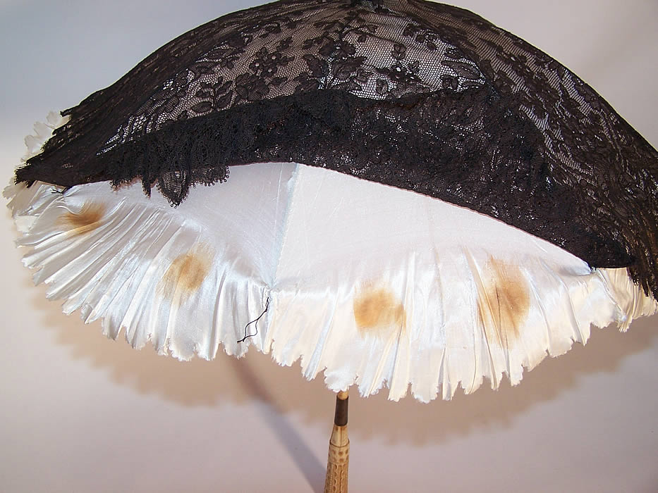 Victorian Antique Black Chantilly Lace Carved Masonic Eye of God Handle Parasol