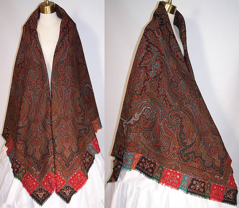 Antique Victorian Signed Kashmir Loomed Embroidered Pieced Paisley Shawl