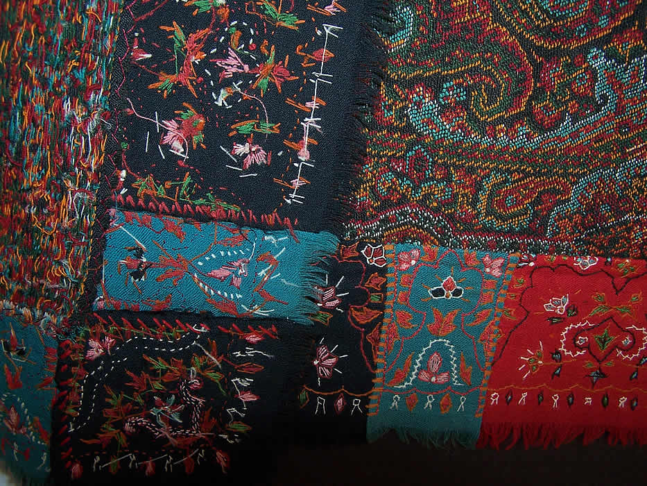  Antique Victorian Signed Kashmir Loomed Embroidered Pieced Paisley Shawl close up.
