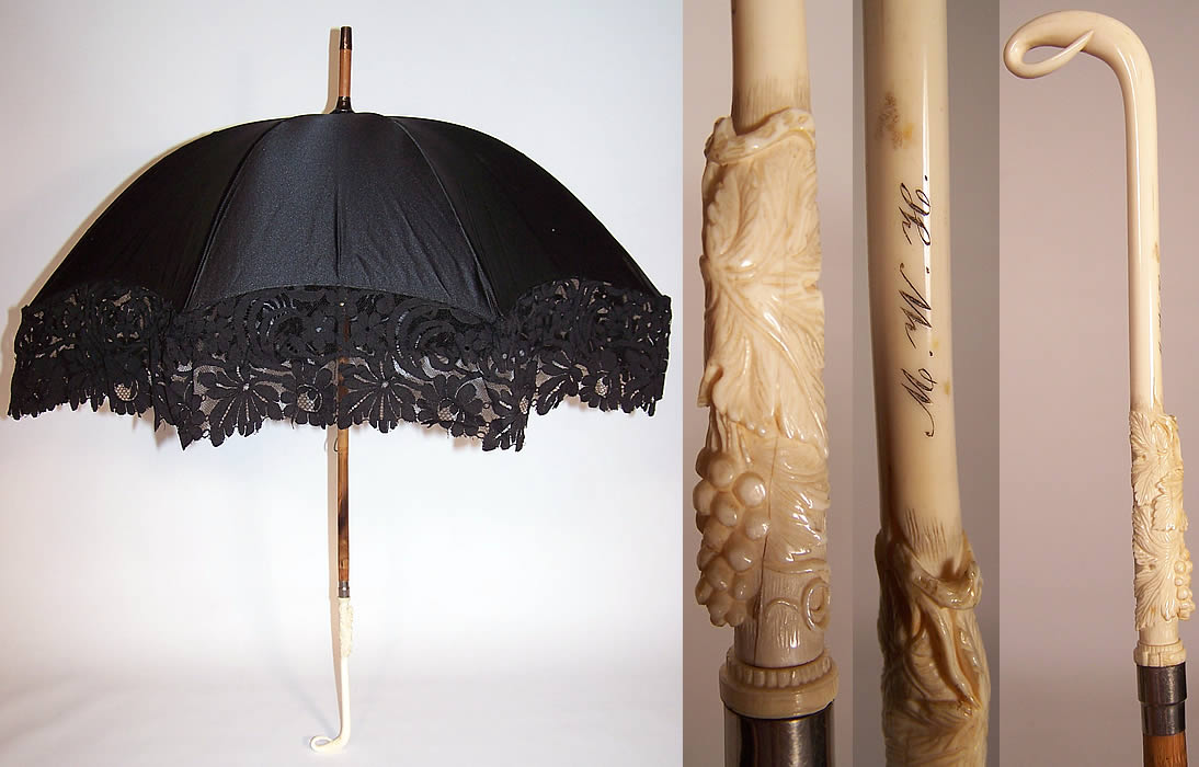 Victorian Black Silk Lace Carved Grape Leaf Handle Parasol