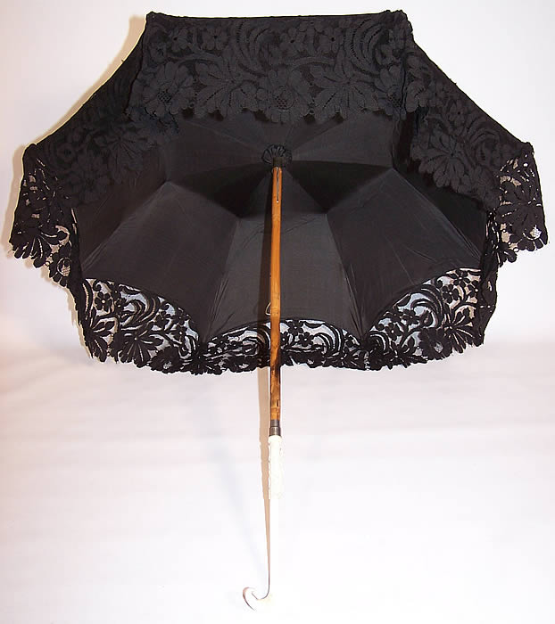Victorian Black Silk Lace Carved Grape Leaf Handle Parasol