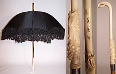 Victorian Black Silk Lace Carved Grape Leaf Handle Parasol