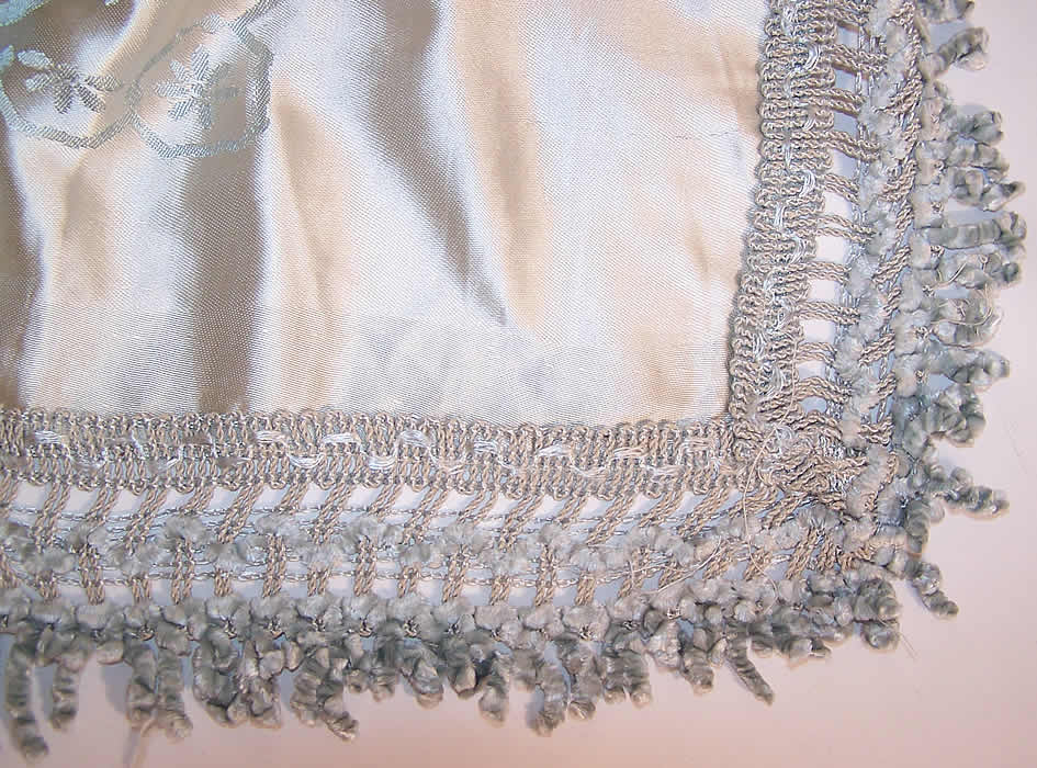  Antique Damasco S. Leucio Italian Damask Hand Painted Putti Peacock Bedspread corner close up.