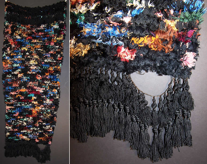 Victorian Antique Colorful Silk Chenille Fringe Hand Woven Braided Rag Rug