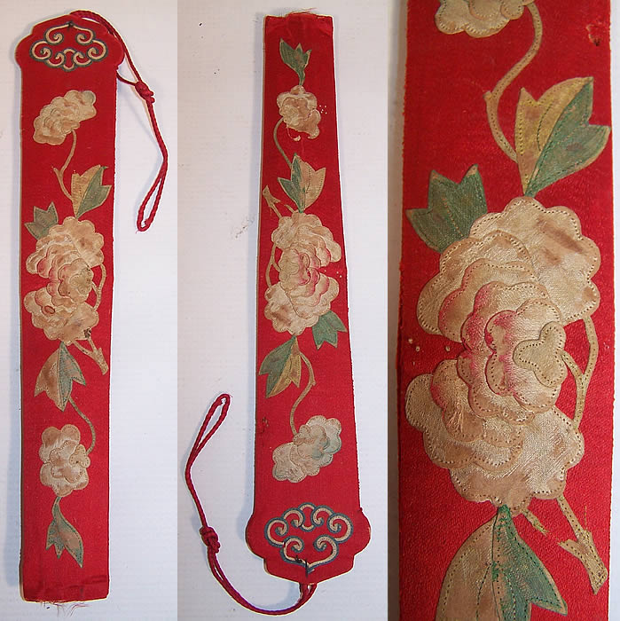Antique Chinese Red Silk Peony Flower Applique Fan Case Holder Purse