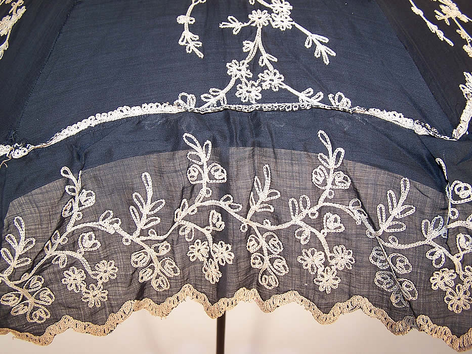 Edwardian Black Cotton Ecru Embroidered Carved Ebony Handle Summer Parasol