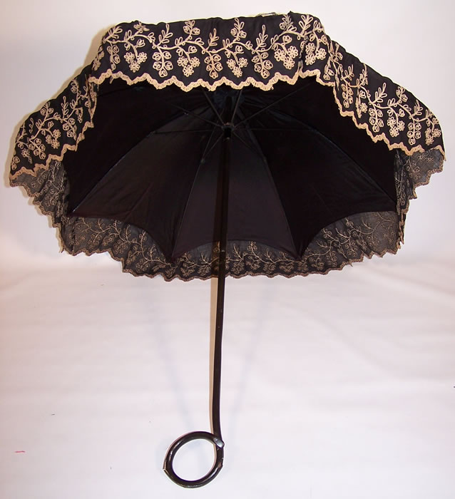 Edwardian Black Cotton Ecru Embroidered Carved Ebony Handle Summer Parasol