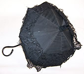 Victorian Civil War Black Silk Lace Ebony Folding Handle Marquis Mourning Parasol
