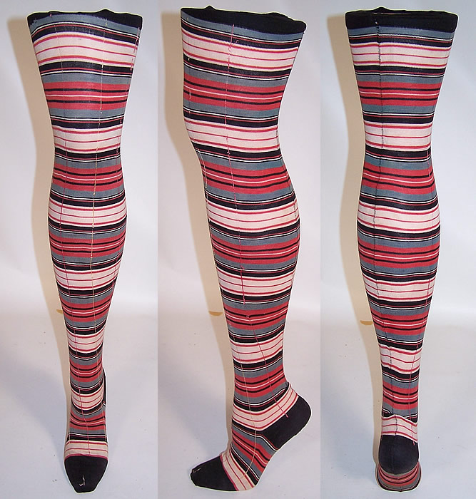Victorian Colorful Striped Plaid Cotton Knit Thigh High Garter Stockings Socks