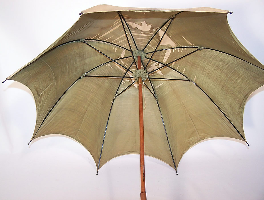 Edwardian Ecru Raw Silk Carved Wood Handle Summer Pagoda Parasol