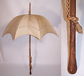 Edwardian Ecru Raw Silk Carved Wood Handle Summer Pagoda Parasol
