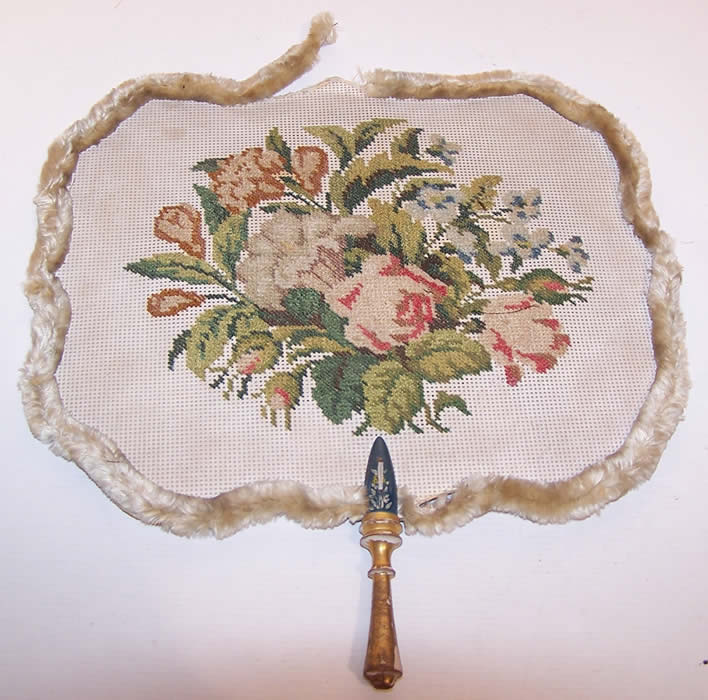 Victorian Antique Needlepoint Petitpoint Handscreen Fixed Fan