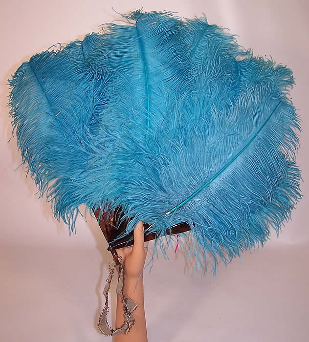 Antique Large Plume Turquoise Blue Ostrich Feather Fan