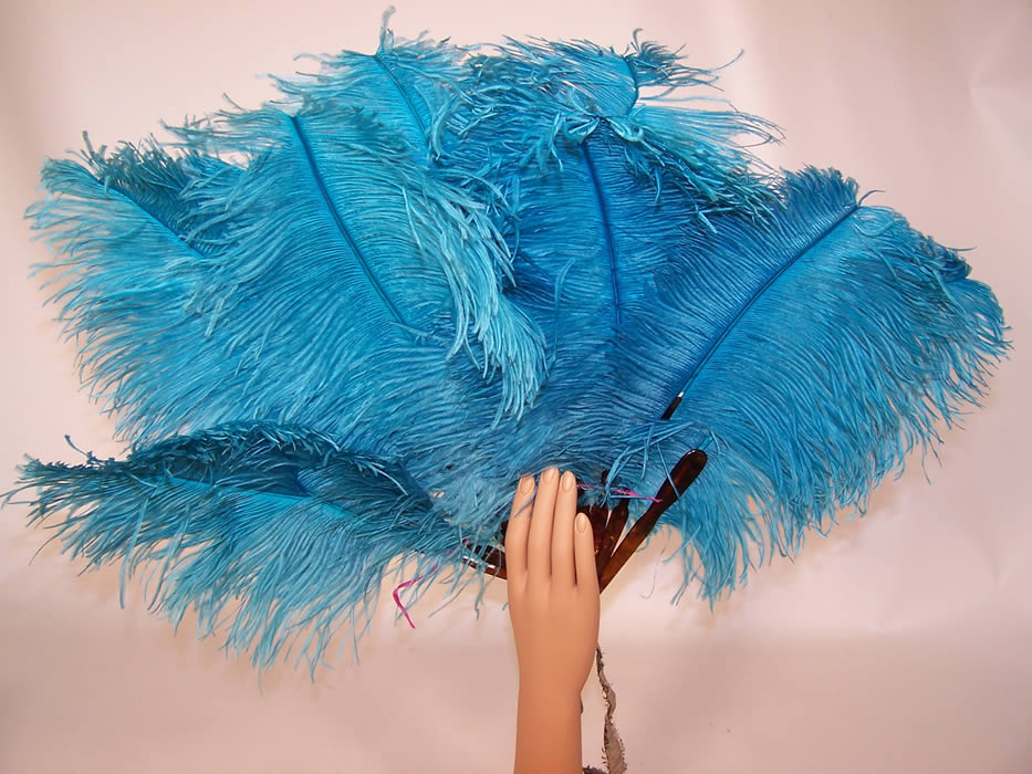 Antique Large Plume Turquoise Blue Ostrich Feather Fan