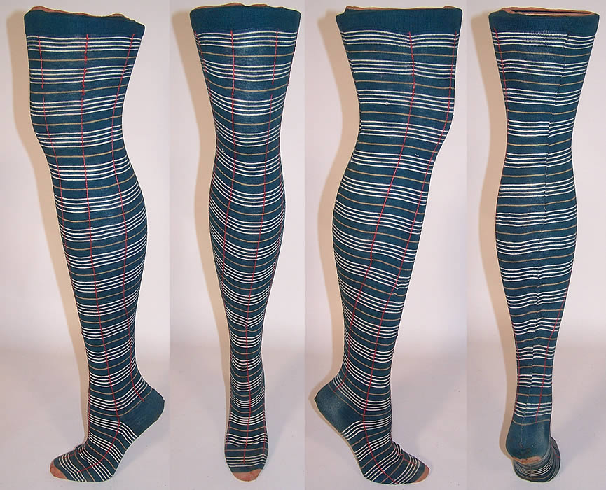Victorian Teal Blue Striped Plaid Cotton Knit Thigh High Garter Stockings Socks