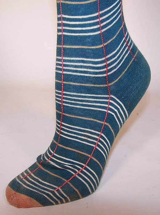 Victorian Teal Blue Striped Plaid Cotton Knit Thigh High Garter Stockings Socks
