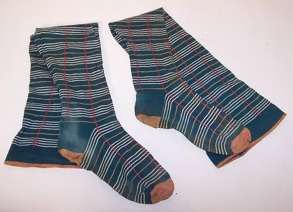 Victorian Teal Blue Striped Plaid Cotton Knit Thigh High Garter Stockings Socks