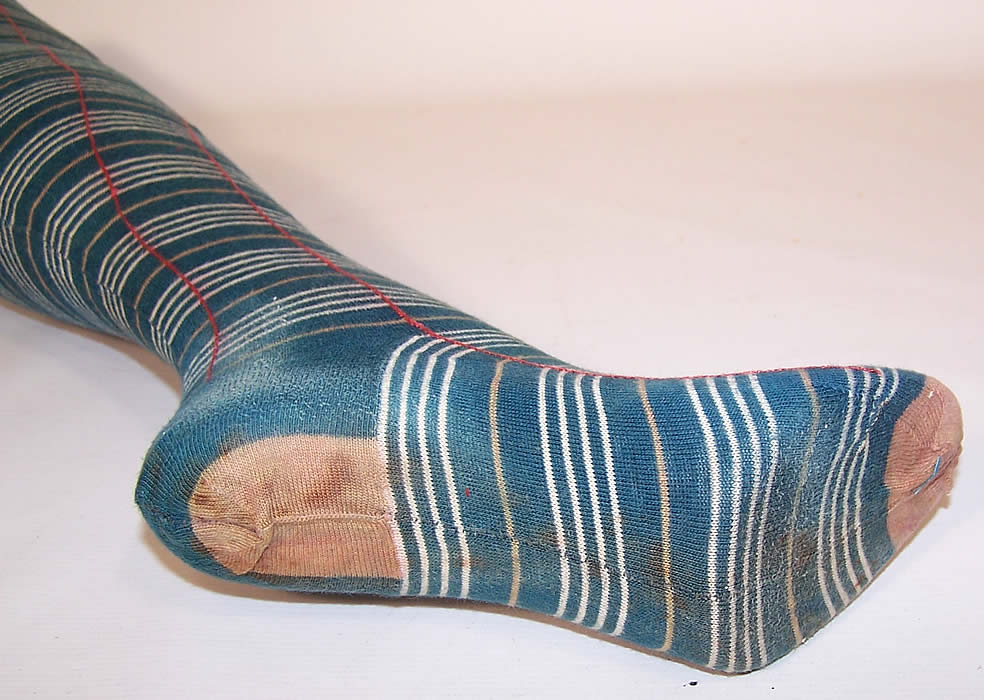 Victorian Teal Blue Striped Plaid Cotton Knit Thigh High Garter Stockings Socks