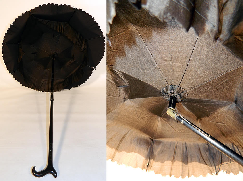 Victorian Civil War Black Silk Ebony Folding Handle Marquis Mourning Parasol