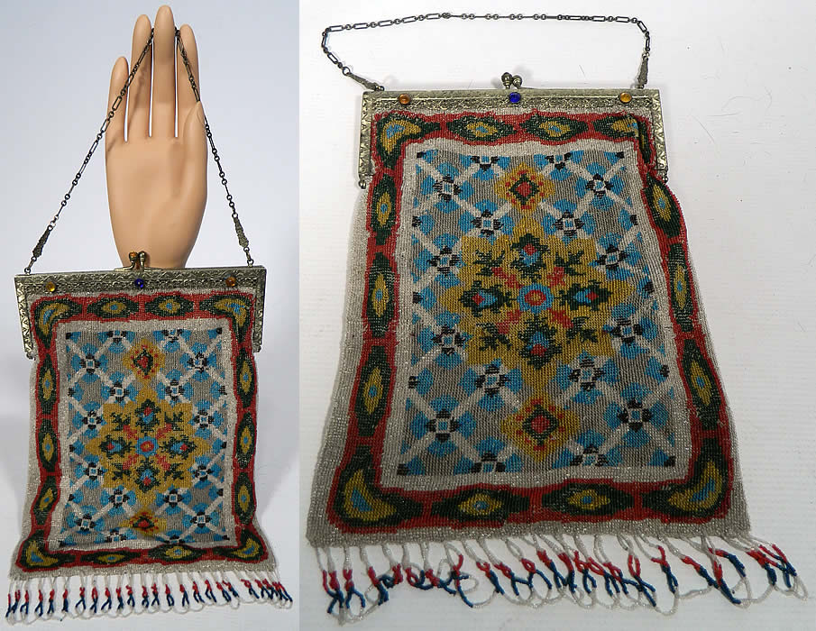 Titanic Era Large Antique Colorful Micro Beaded Jewel Frame Purse