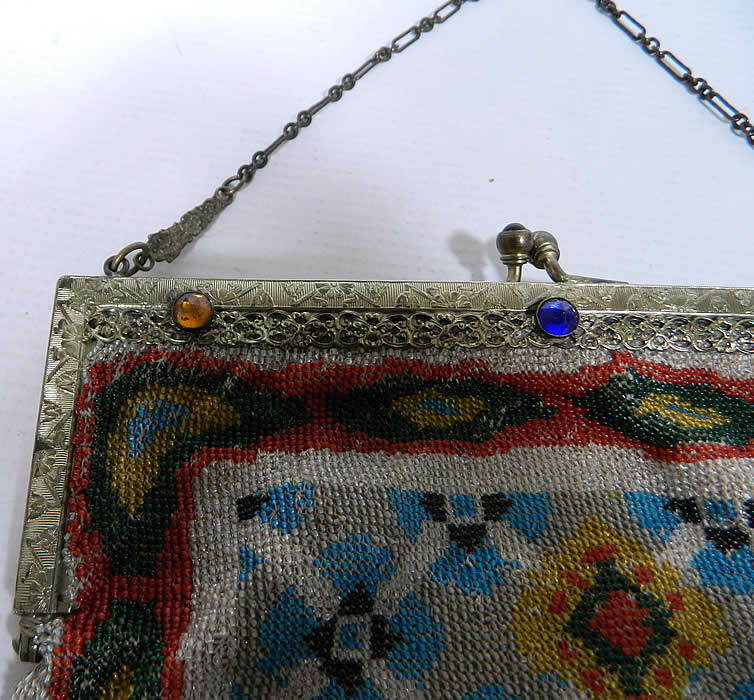 Titanic Era Large Antique Colorful Micro Beaded Jewel Frame Purse