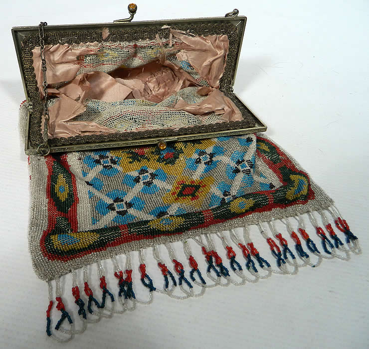 Titanic Era Large Antique Colorful Micro Beaded Jewel Frame Purse
