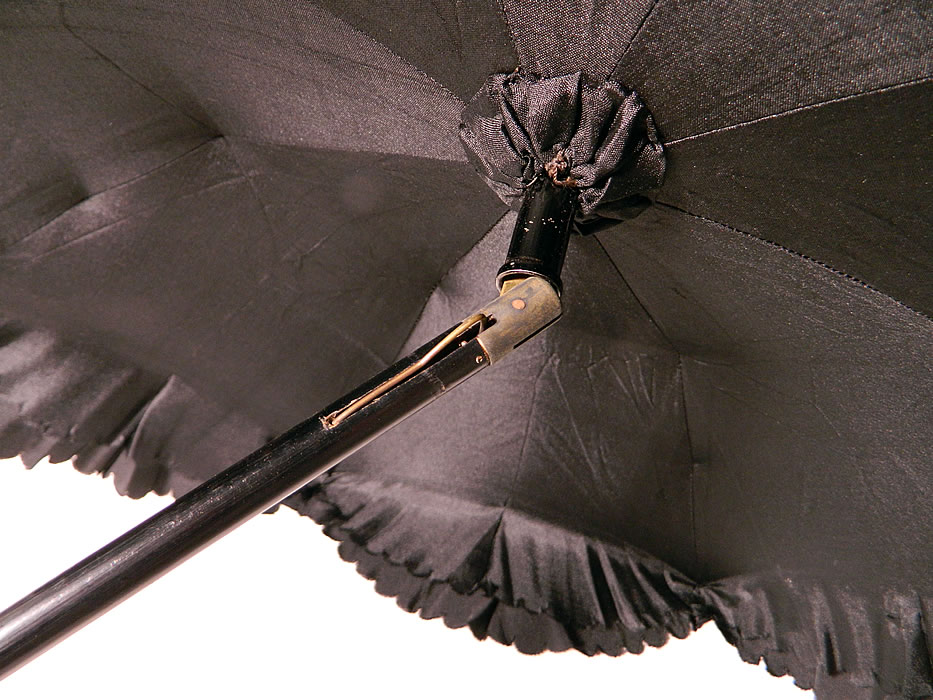 Victorian Civil War Black Silk Ebony Folding Handle Marquis Mourning Parasol