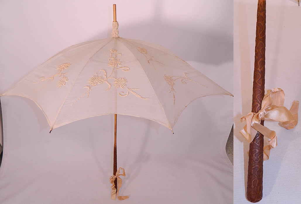 Edwardian Embroidered White Cotton Carved Wood Handle Summer Parasol