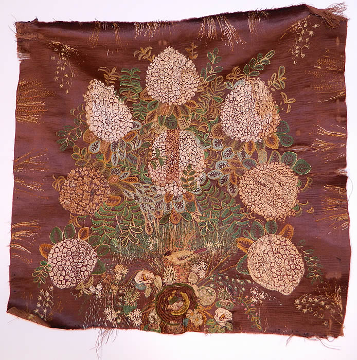 Antique Early 19th Century Silk Embroidered Floral Birds Nest Picture Square