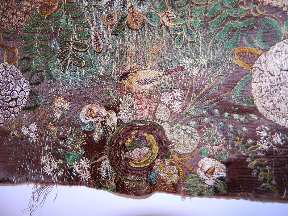 Antique Early 19th Century Silk Embroidered Floral Birds Nest Picture Square